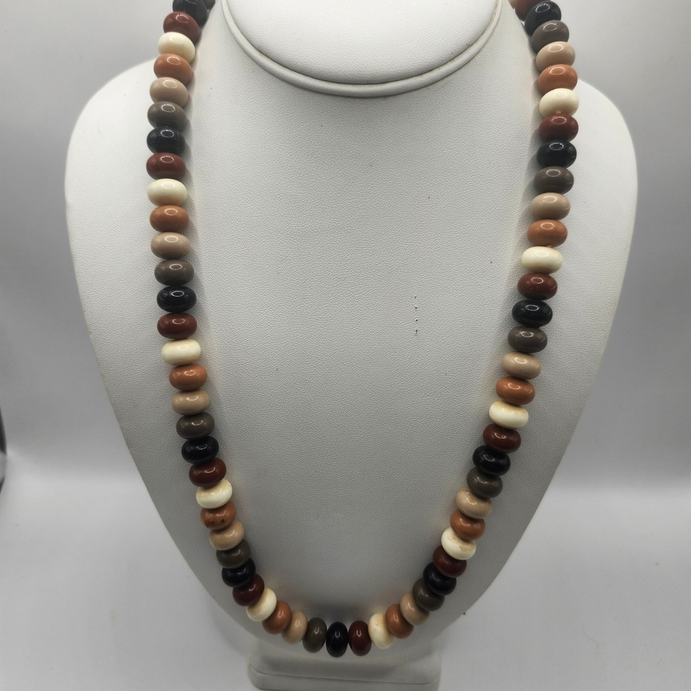 Vintage Earth Tone Beaded Necklace Brown‎ Tan Black Cream Chunky Round